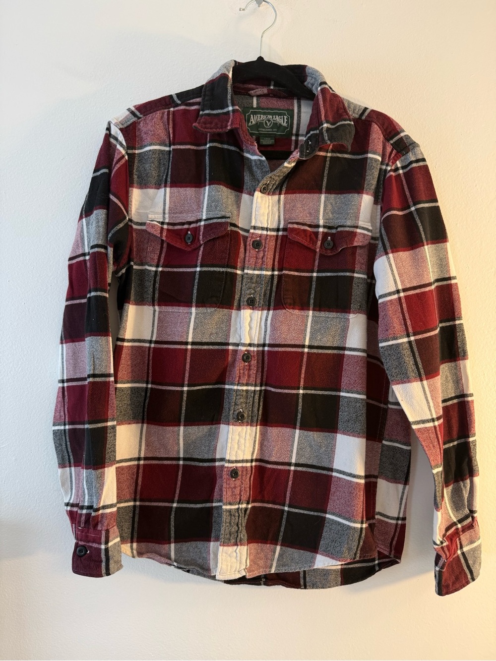 Abercrombie & Fitch Men's Burgundy, Black & White Plaid Button-Down Shirt